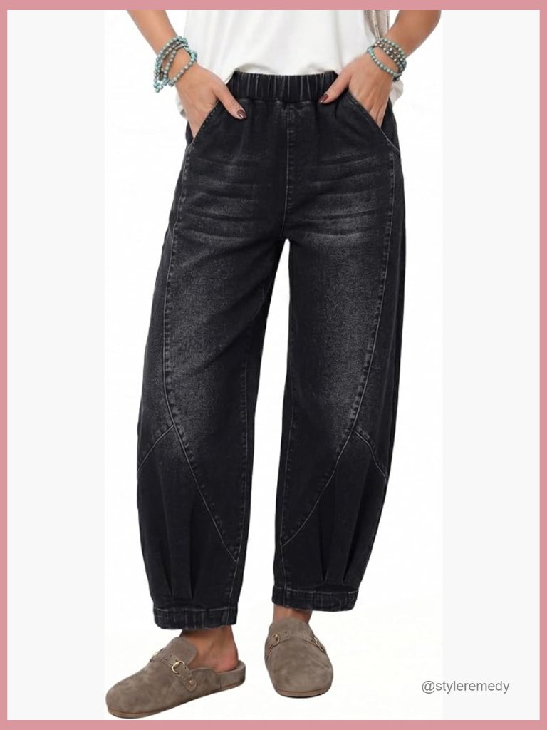 High Waisted Stretchy Barrel Jeans Wide Leg Baggy Patchwork Ankle Denim Pants